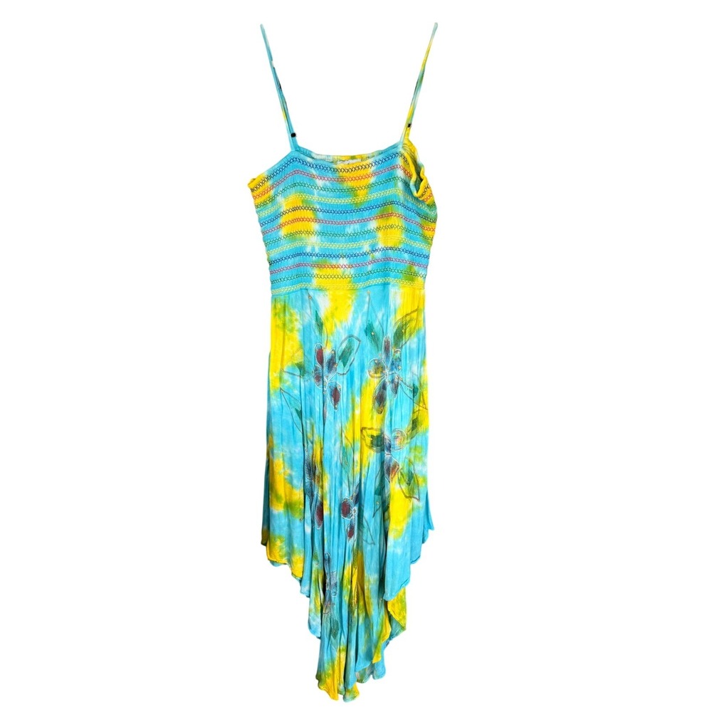 T11 Metropolitan Tie Dye Smocked Handkerchief Hem 1990s Vintage Beach Babe Dress
